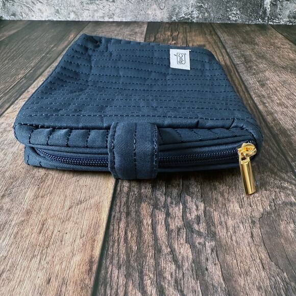 ROC Skincare Zipper Makeup Bag Dark Blue Quilted Fabric Cosmetic Pouch - Picture 4 of 6